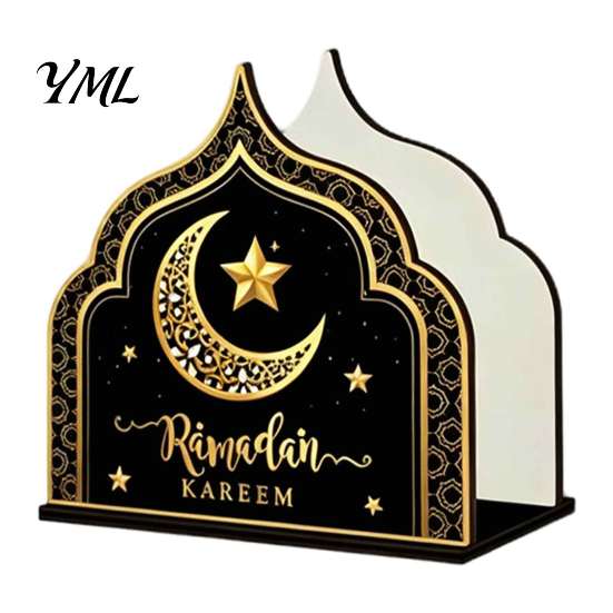 Wooden Tissue Dispenser Napkin Holder, Ramadan-themed Paper Towel Dispenser, Crescent Mosque Stable Organizer Pattern Decorative Holder for