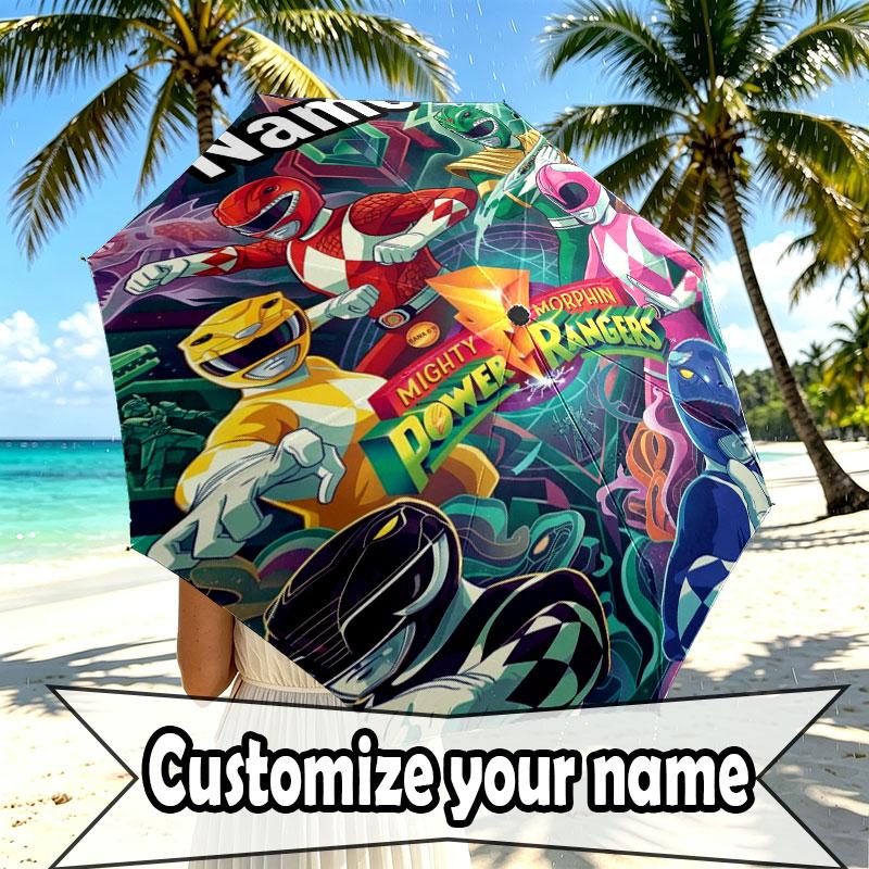 Custom Name Personalized Power Rangers Print Umbrella, Auto Open Close, 8‑Rib Sturdy Frame, Commute Camping Hiking Use, Birthday Gift