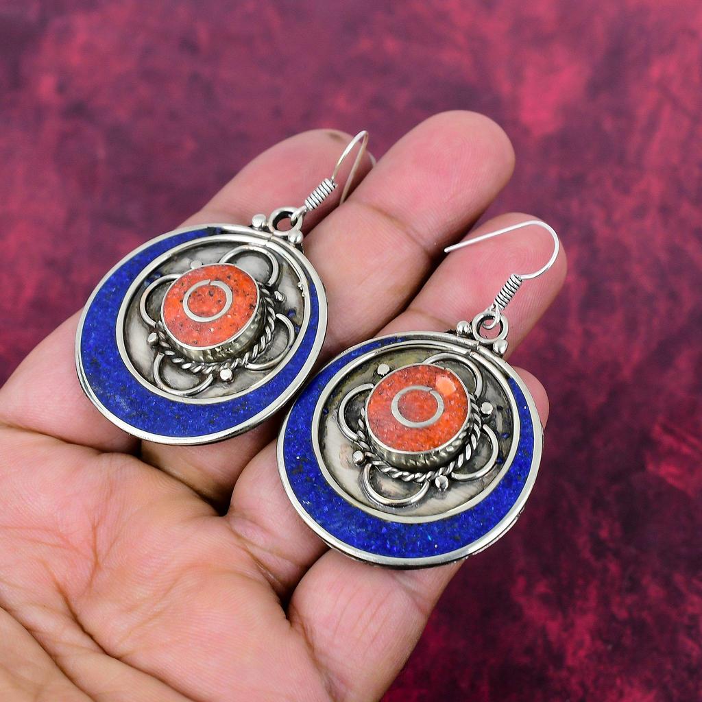 Lapis Lazuli & Coral 925 Solid Sterling Silver Nepali Earrings, Handmade Gemstone Earrings Jewelry, Gifts For Love Brand New Earrings
