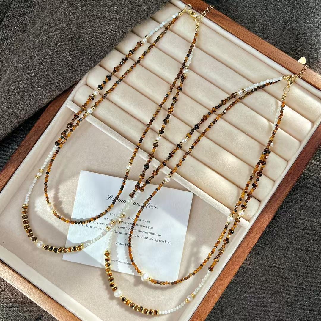 

Vintage Strong Light High Quality Artificial Crystal Pearl Natural Tiger S Eye Stone Shell Double Layer Necklace Collarbone Chain
