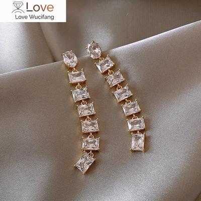 14K Real Gold Plating Korea  Fashion Jewelry Luxury Shiny Square Zircon Long Earrings Elegant Women Wedding Party Accessories