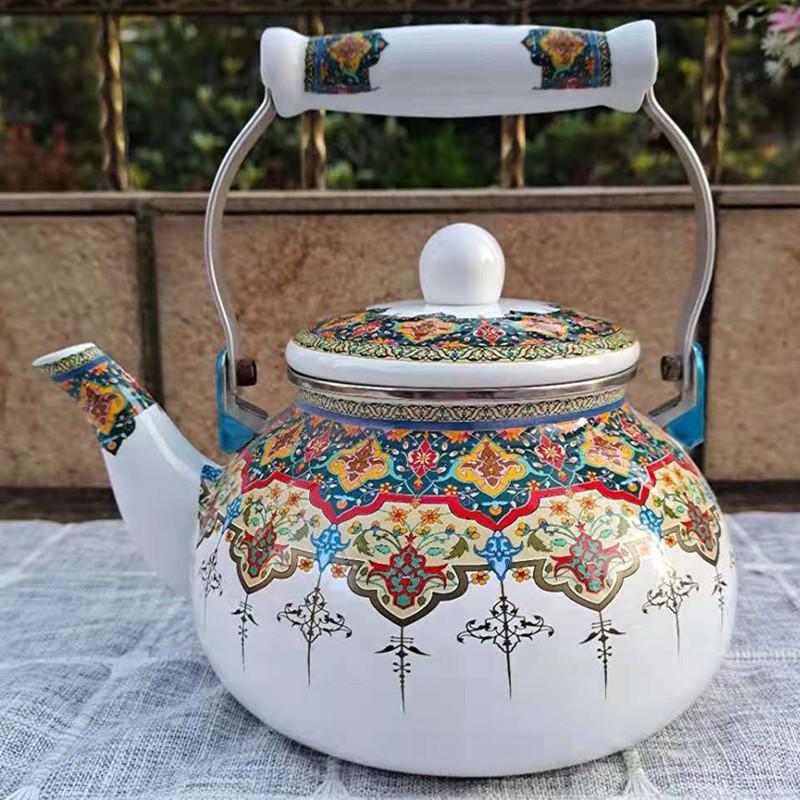 2.5 Quart Vintage Enamel Tea Kettle Green Floral Enamel on Steel Teapot with Handle for Stovetop Home Afternoon Tea Set Kettle