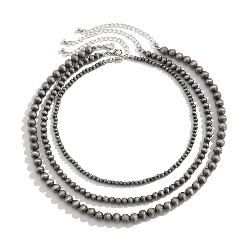 Retro And Old Ancient Silver Ccb Round Bead Necklace Female, Ethnic Style Multi-Layer Stacked Turquoise Beaded Necklace