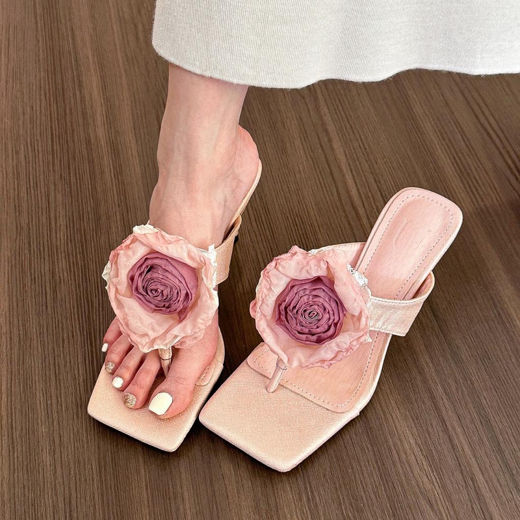 Rose rose! Chinese flower high heel sandals women spring and summer toe thin heel cool slippers women