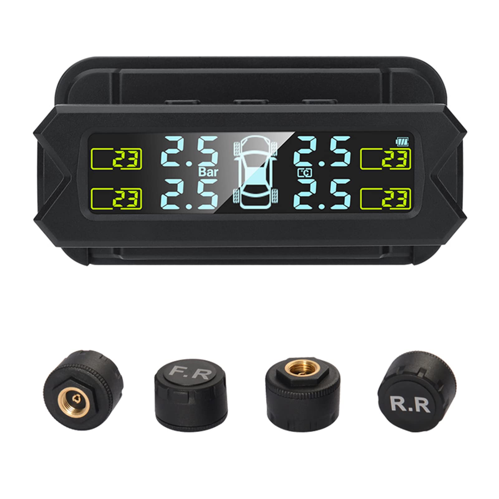 

ROWCES Tire Pressure Monitoring System, Solar Powered TPMS, 5 Alarm Modes, Auto Backlight LCD Display, 4 Sensors 0-81 PSI