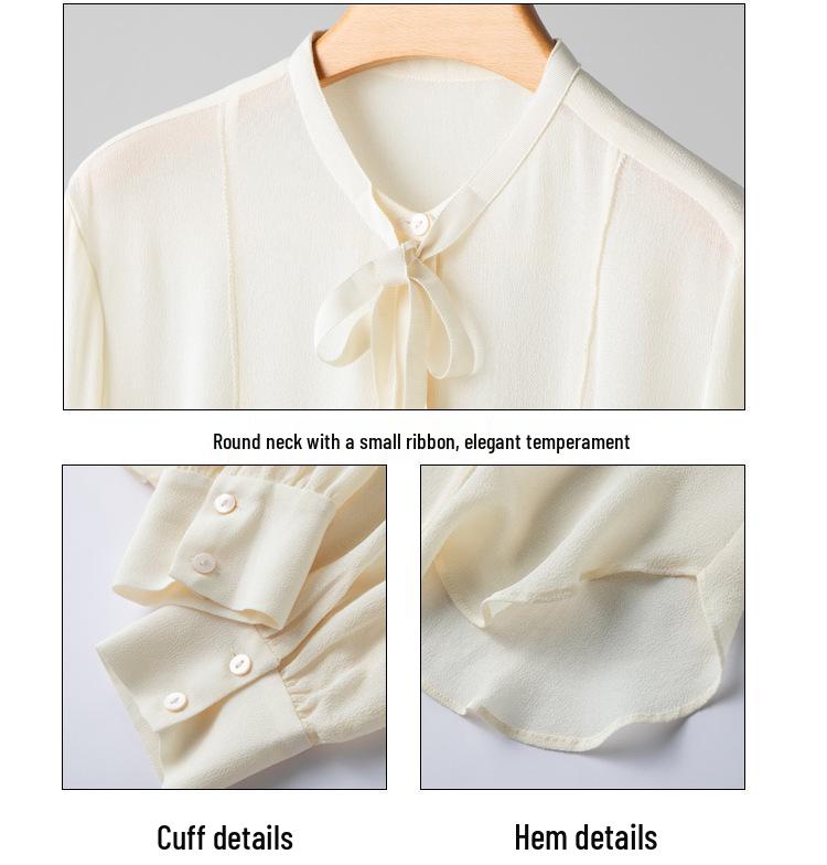 Women's Spring Silk Ribbon Shirt: Mulberry Silk French-Style Long Sleeve Top