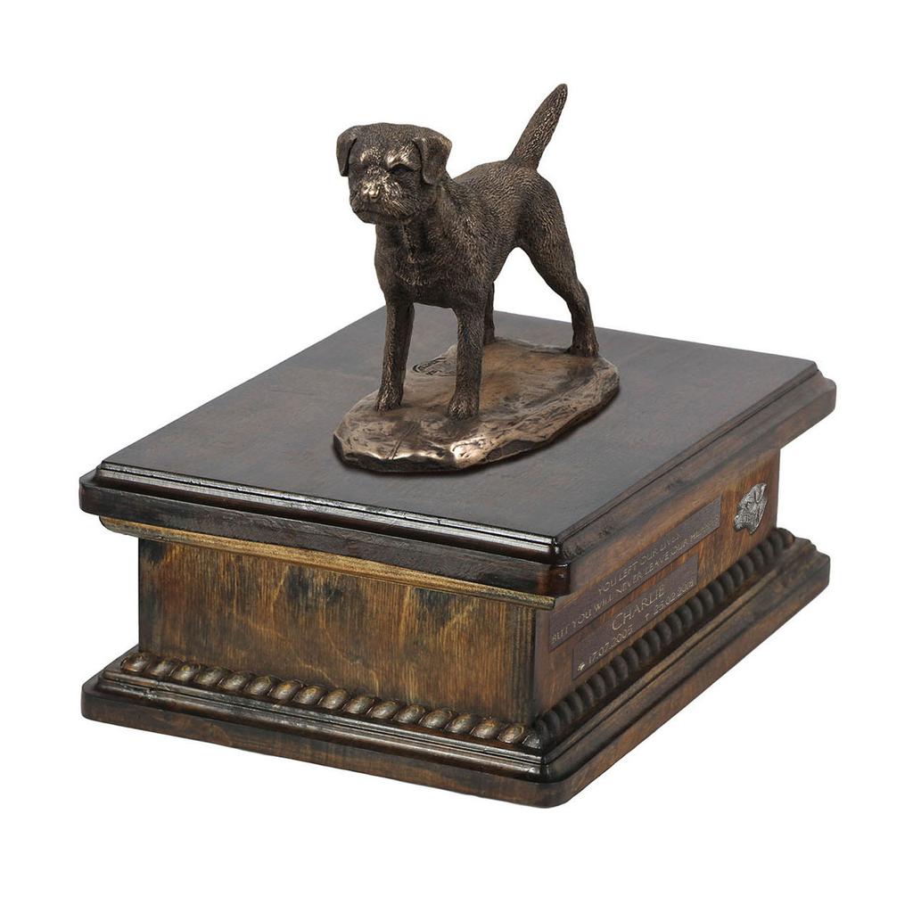 Border Terrier - urn for dog ashes, personalized urn with a statue, wooden urn with a dog by Art-Dog brand