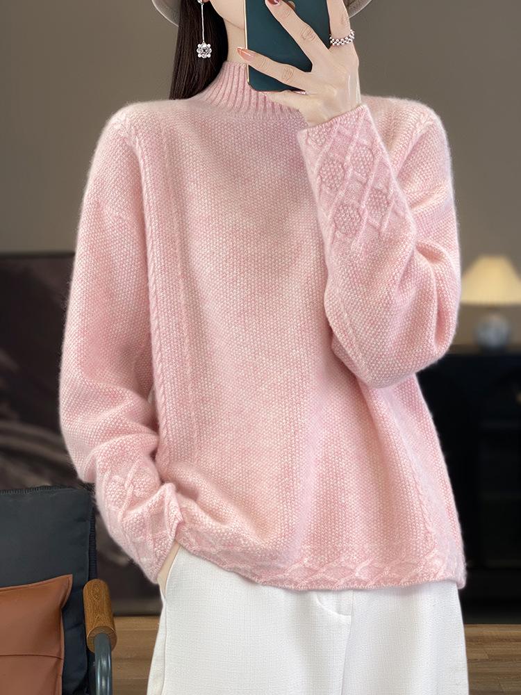 Women's Pure Wool Half-High Collar Sweater, Loose Fit, Cashmere Base Layer, Retro Jacquard Knit Pullover