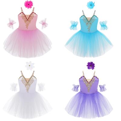 Girls Ballet Dance Dress, Sleeveless Tutu with Spaghetti Straps, Rhinestone & Lace Decor, Mesh Skirt + Headdress & Ruffle Band