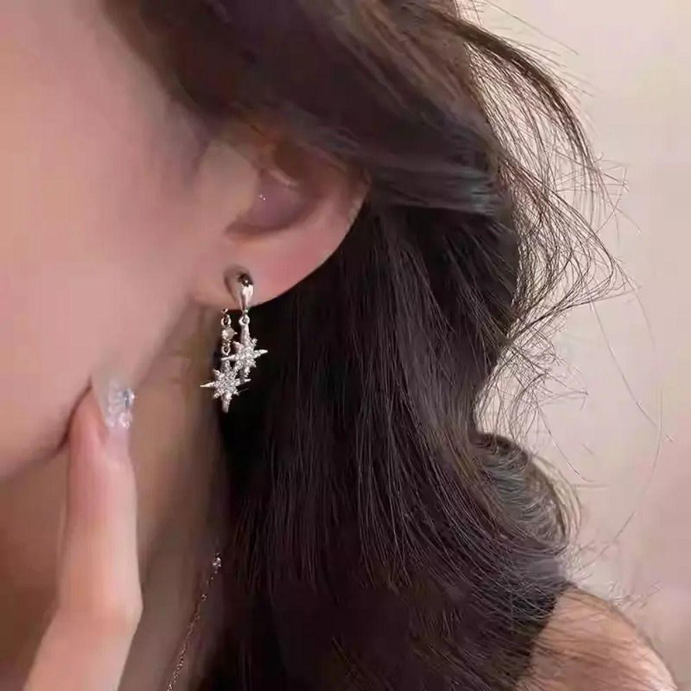 Fashionable Double-sided Star-shaped Earrings Shiny Studded Rhinestones Pendant Earrings Star Eardrop Gifts