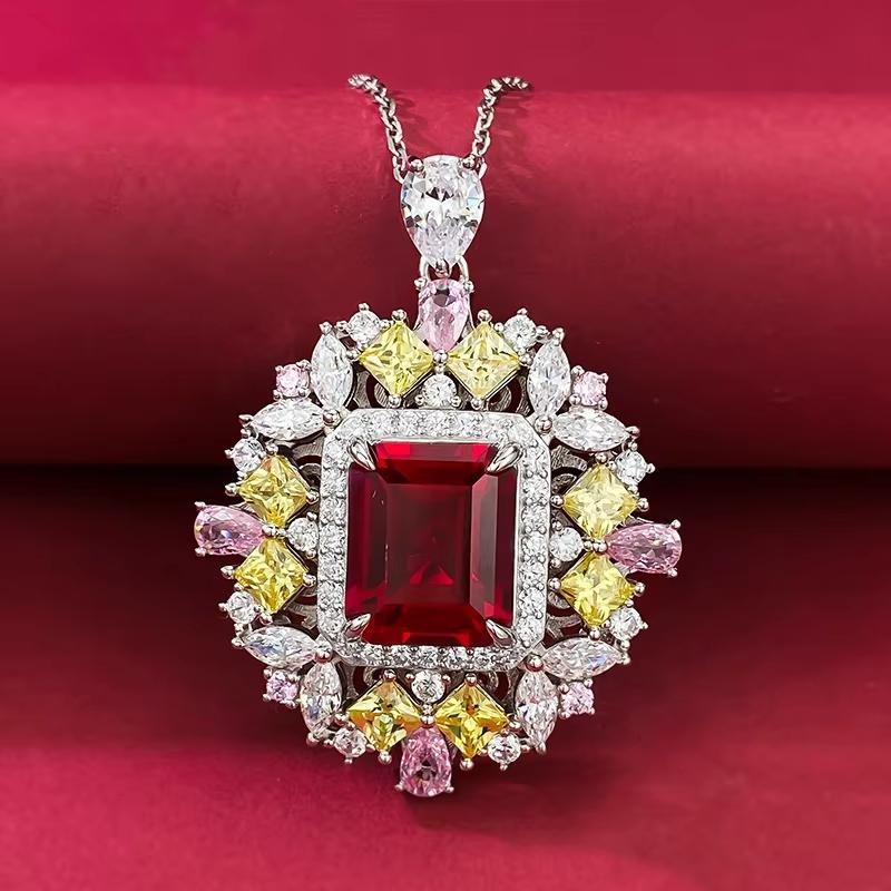 New S925 Silver Blood Red 10 * 12 Rectangular Pagoda Necklace Pendant for Women Luxury Fashion Jewelry