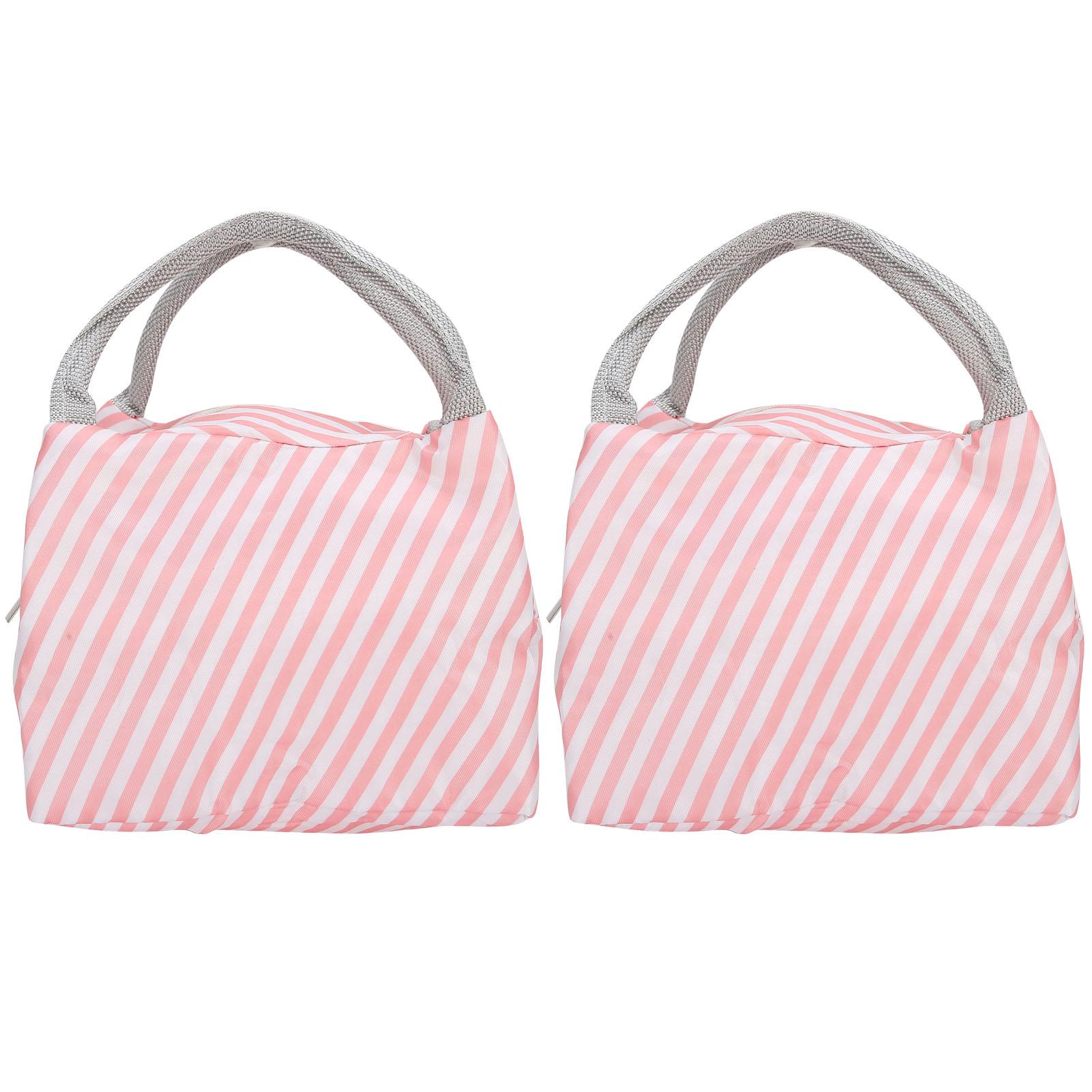 2pcs Portable Thermal Insulated Bag Student Worker Lunch Dinner Storage Bag Container Striped Pink