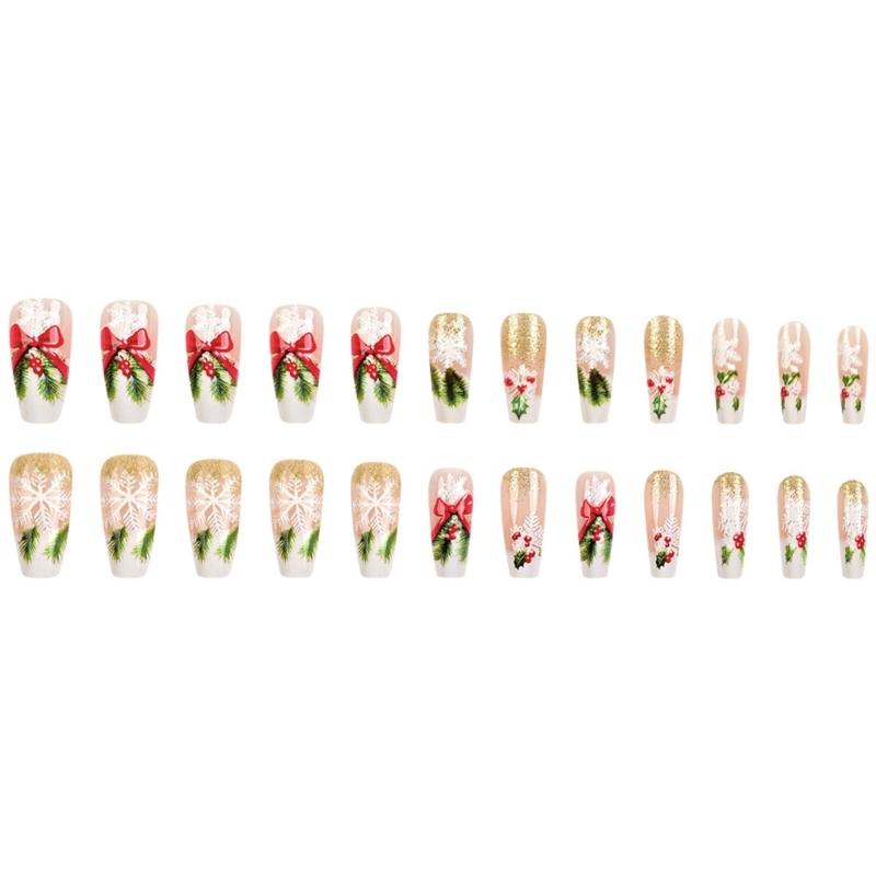 

Christmas Holiday Artificial Nail Art Decals Red Snowflake White Bows Patterns 24 Pieces False Nail Stickers