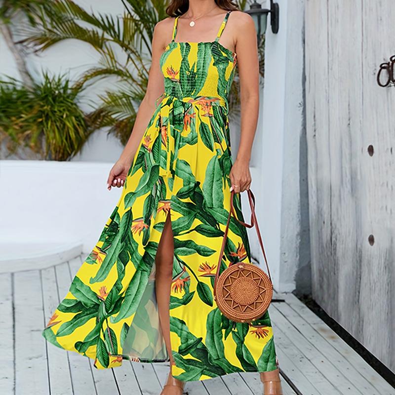 Dámské letní plážové šaty v bohémském stylu s potiskem rozdělených listů