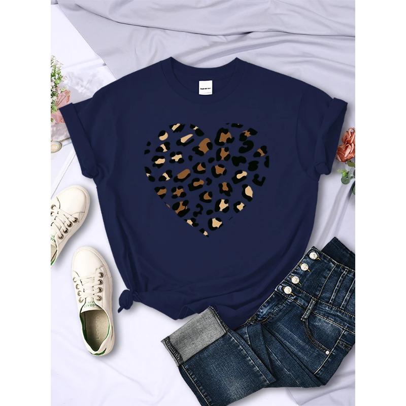 Sommer Rundhals 3D Leopard Herz Print Top Modische Lässige Kurzarm Damen T-Shirts