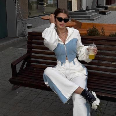 Women's Blue and White Two Tone Hooded Zip Up Tracksuit Set with Wide Leg Pants