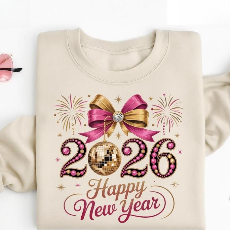 2026 Happy New Year Long Sleeve Sweatshirt Disco Ball Womens Celebration Outfit Gift for Her Thermal Hoodie Winter Pullover