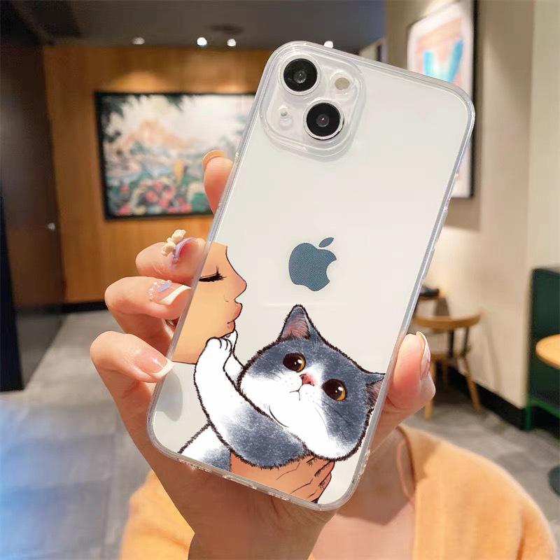 Kiss Cat Cute Kitten Cartoon Luxury Transparent Phone Case For iPhone 15 14 13 12 mini 11 Pro Max XS X XR SE 7 8 Plus Cover
