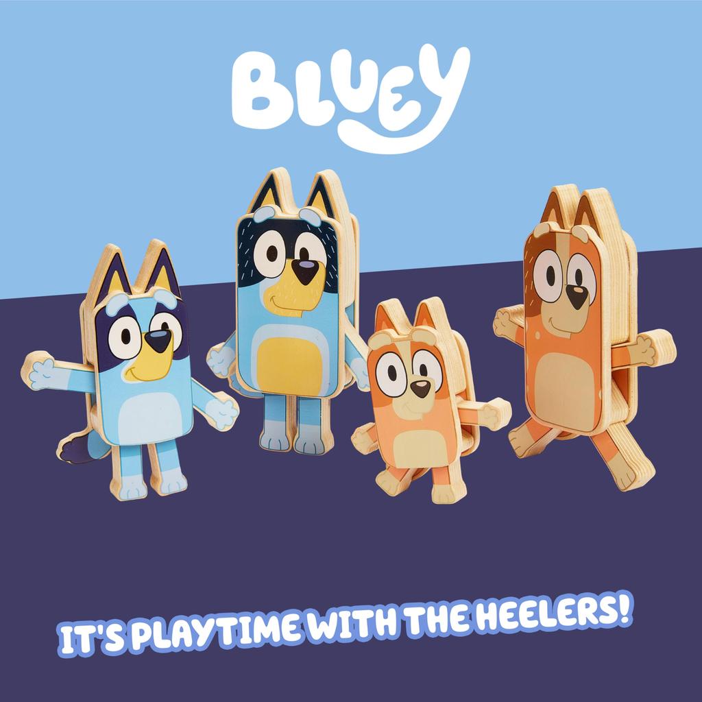 Bluey Characters Wooden Figures, Set of 4, Colorful Articulated Wooden Toys for Toddlers, Includes Bingo, Chili, and Bandit, Block Set for Ages 3 and