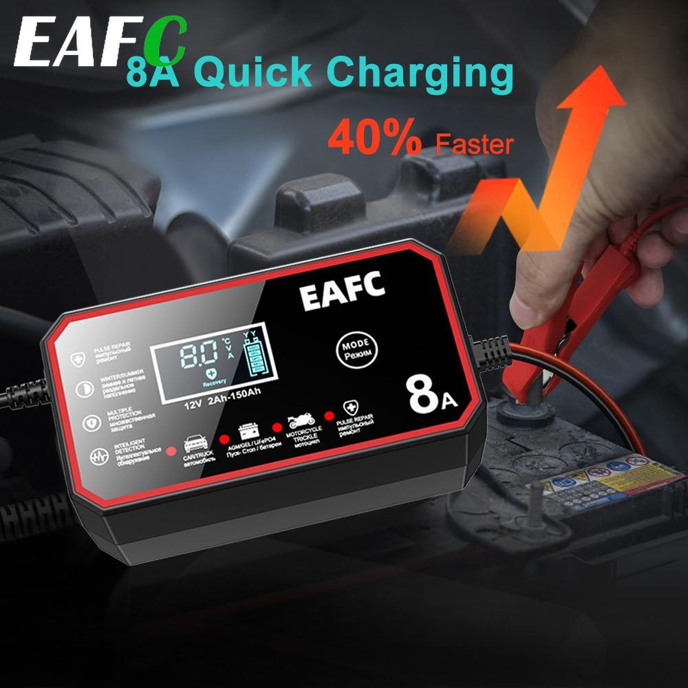 EAFC EU Plug 12V 8A Smart Car Battery Charger with LCD Display, Intelligent Pulse Repair Battery Charger - for Lead-Acid & LiFePO4 Batteries