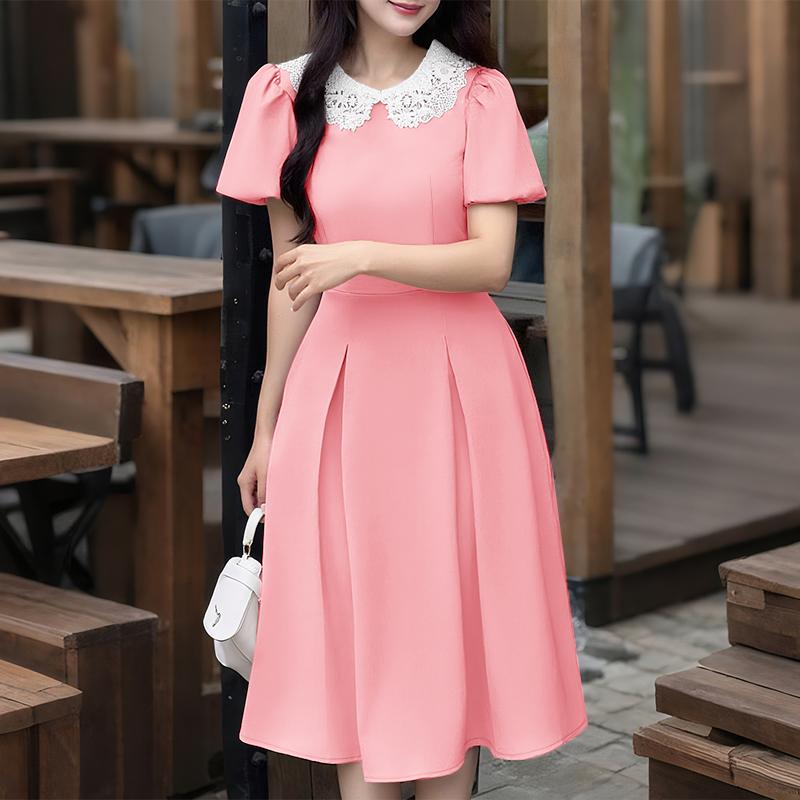 ZANZEA Women Lace Splice Round Neck Casual Short Sleeve Dress
