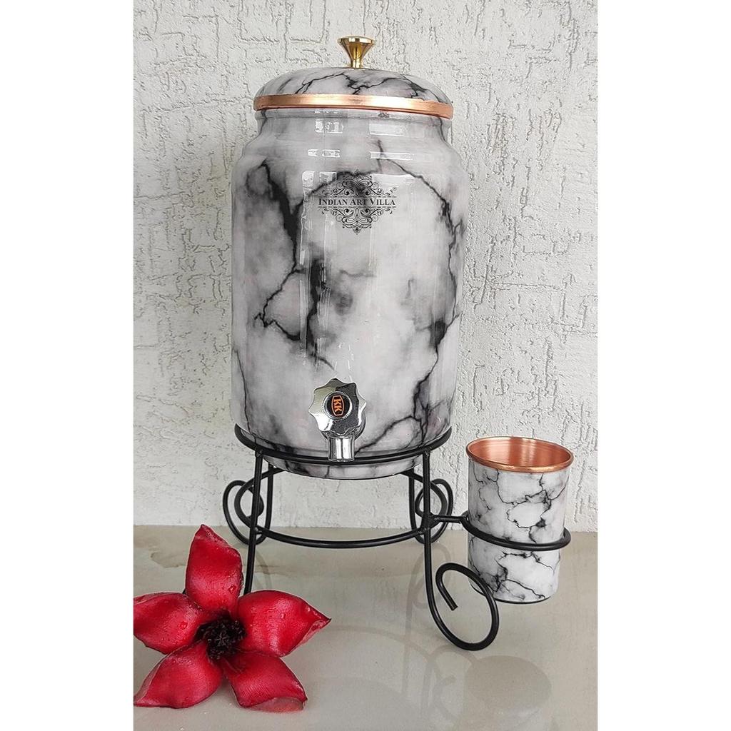 Čistá měď Černobílý mramorový potisk Nádoba na vodu Silný plech s mosazným kohoutkem a měděnou sklenicí a stojanem, Skladování a servírování vody, Objem- 5 litrů