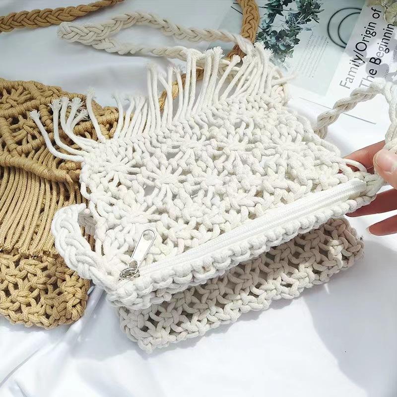 Handmade Cotton Woven Knitted Tassel Crossbody Bag Vintage Shoulder Messenger Bag Female Fashion Beach Summer Handbags for Women