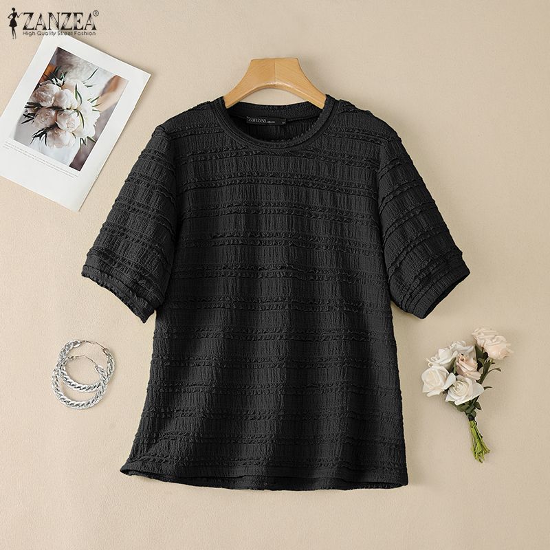 ZANZEA Women Casual Round Neck Solid Color Loose Short Sleeve Blouse