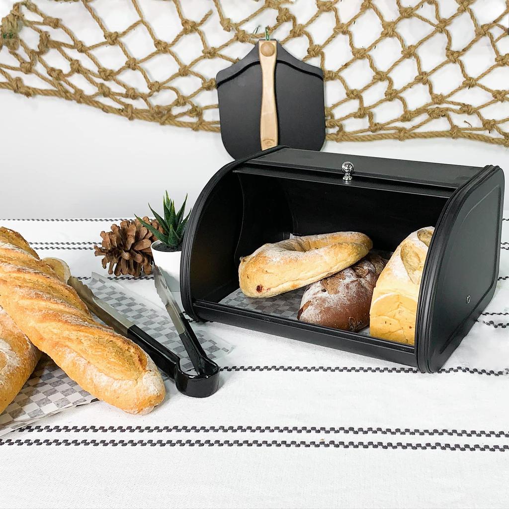 SOTECH Bread Case, Sliding Door, Food Grade, Lightweight, Home Kitchen Outdoor Picnic Bread Box (Cute Black Storage Box)
