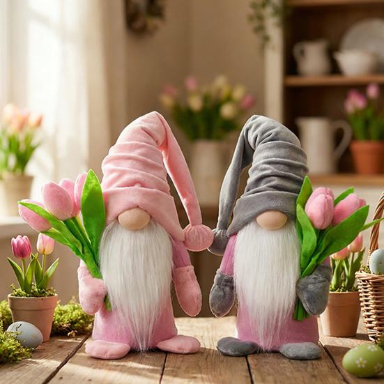 Valentine's Day Plush Gnome with Pink Tulips Spring Stuffed Gnome Doll for Tiered Tray Fireplace Table Decor Gifts for Her Wife Teacher Girls