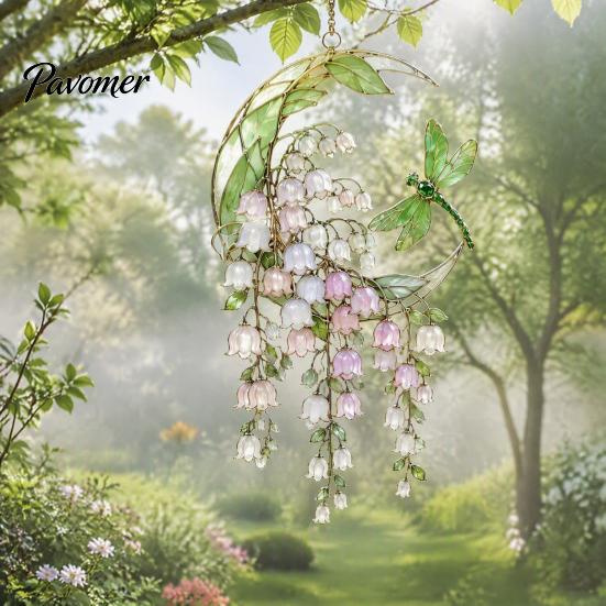 Clear Acrylic Floral Ornament Stained Glass Style Flower Suncatcher, Lily of The Valley Dragonfly Window Indoor Outdoor Decorative Piece Hanging