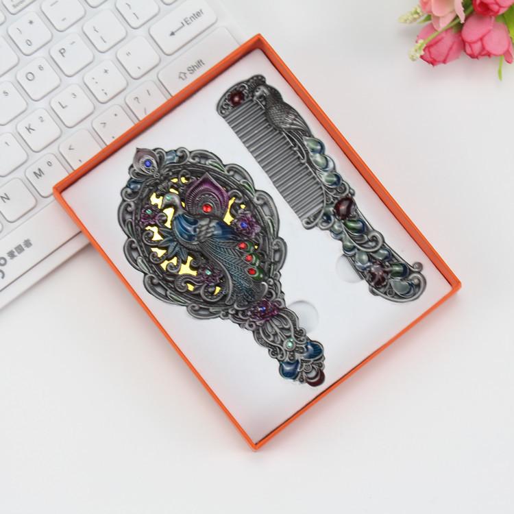 

Russian Style Vintage Peacock Vanity Set, Hand Mirror & Comb with Metal Frame, Gift & Souvenir for Dressing Table
