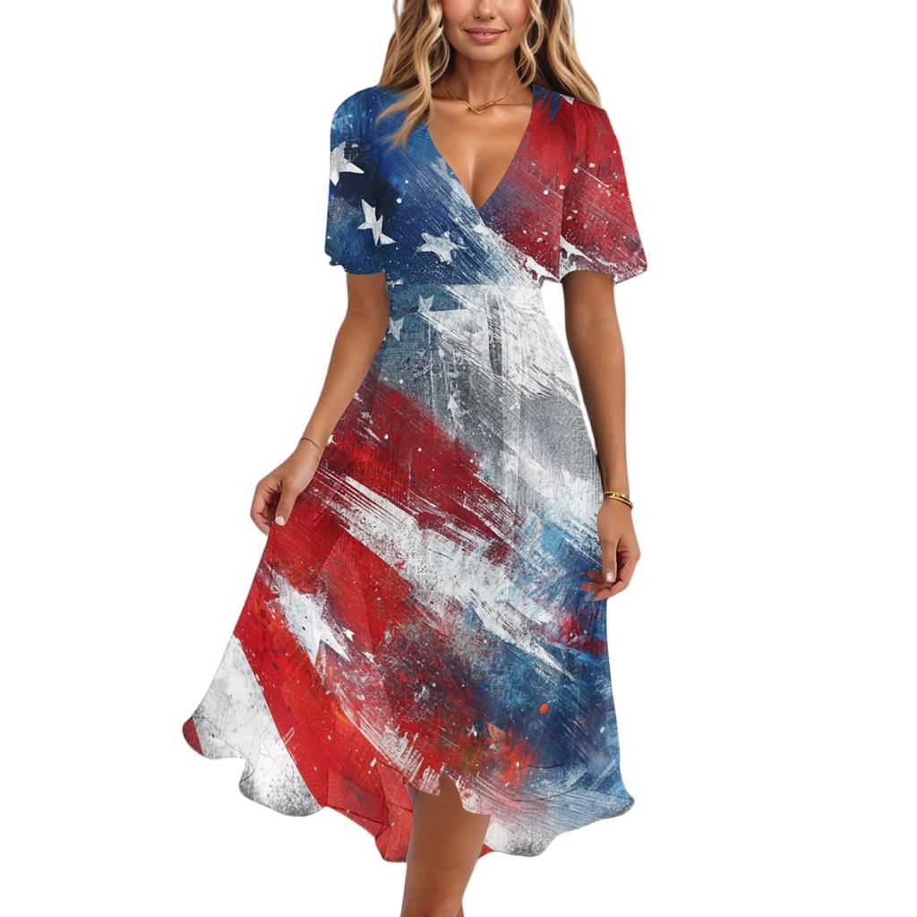 Women’s V Neck Short Sleeve Casual Dress with Printed Pattern Relaxed Fit Lightweight Fabric for Everyday Wear