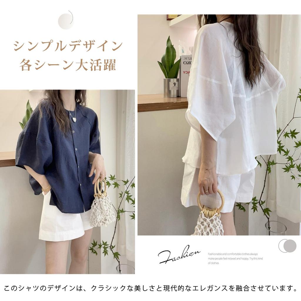 MaadeaNoeTe Short Sleeve Crew Front Solid Perfect for and Fall Women's Cotton-Linen Shirt, Blouse, Neck, Elegant, Opening, Button-Down, Simple,