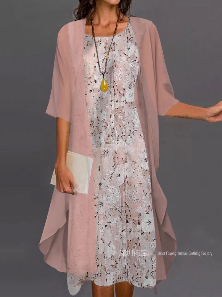 Top-Selling European & American Fashion: Spring & Autumn Casual Printed Chiffon Dress Two-Piece Set