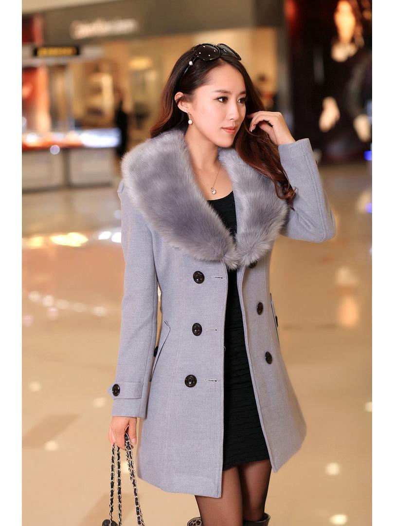 

Женское шерстяное пальто средней длины двубортное в корейском стиле с меховым воротником 4 Extra Large (4XL) серый