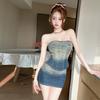 Women's clothing retro gradual change waist tube top skirt set