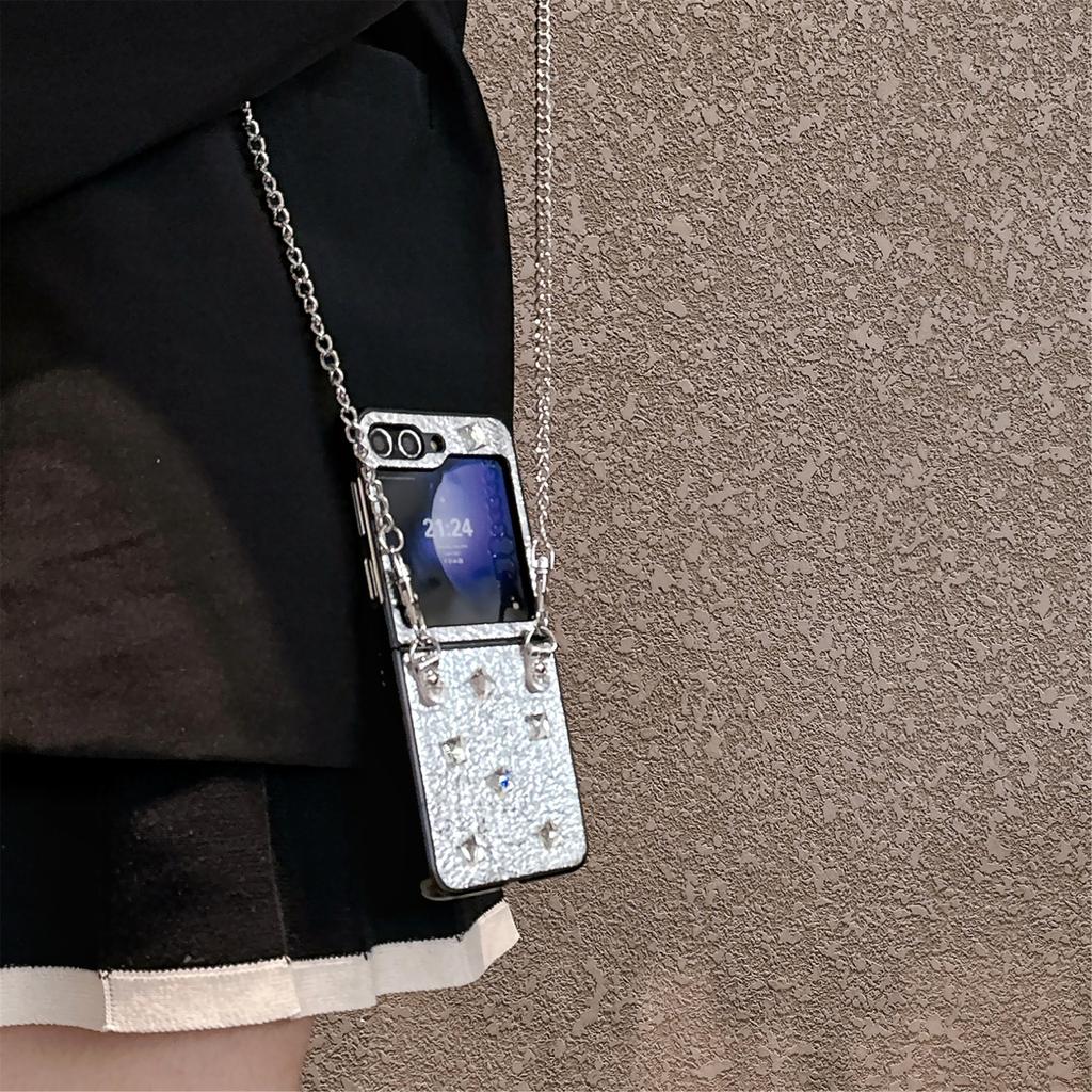 Applicable to Samsung Galaxy Z Flip6 phone case, silver leather rhinestone zflip4/5th generation folding protective case