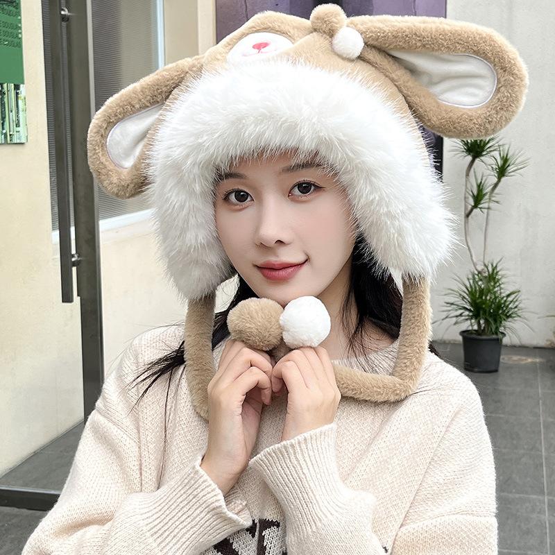 

Новая осенне-зимняя шапка с милыми кроличьими ушками для защиты от холода и тепла, толстая плюшевая ветрозащитная шапка для женщин, зимняя мультяшная нишевая M（56-58cm）