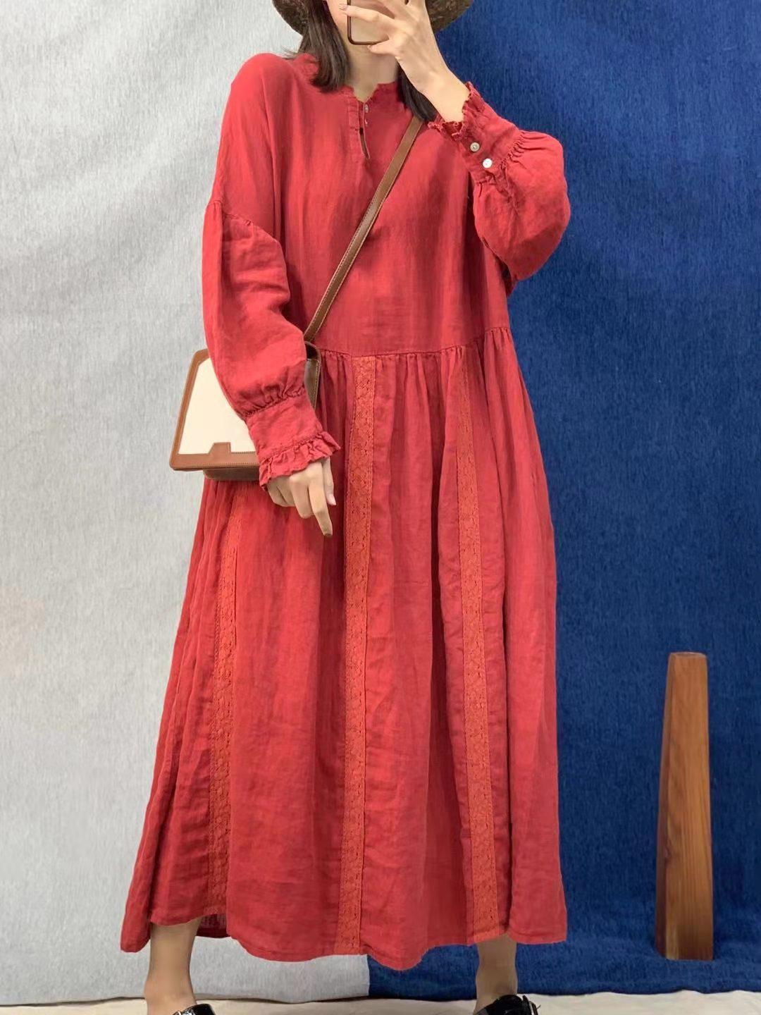 

Johnature льняное женское свободное платье с вышивкой, осеннее винтажное однотонное женское платье с круглым вырезом и длинными рукавами на пуговицах One Size красный