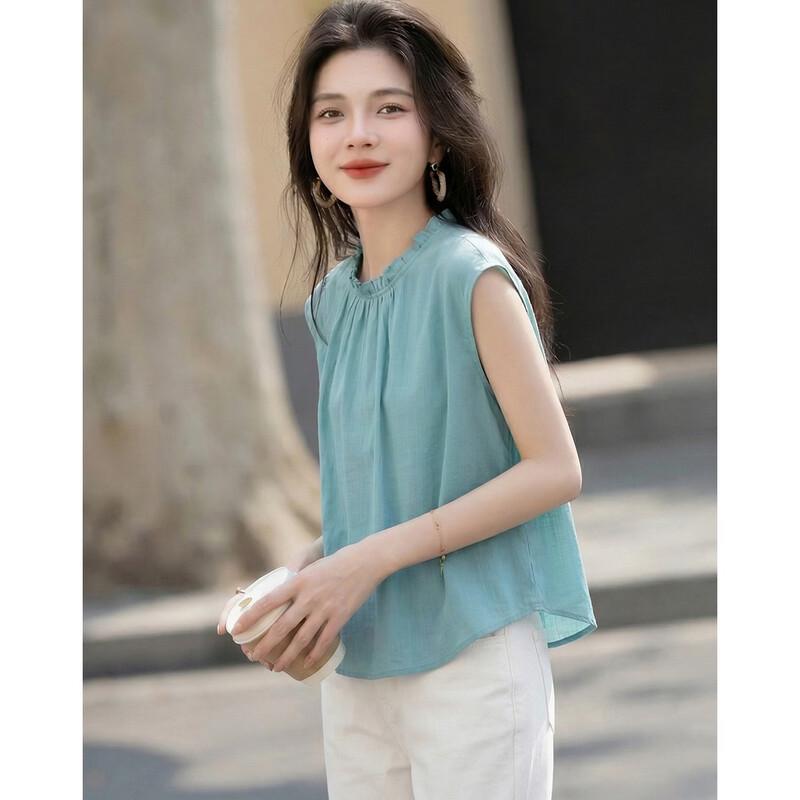 Demana Women's Ruffle Cap Sleeve Ramie Lyocell Blend Shirt