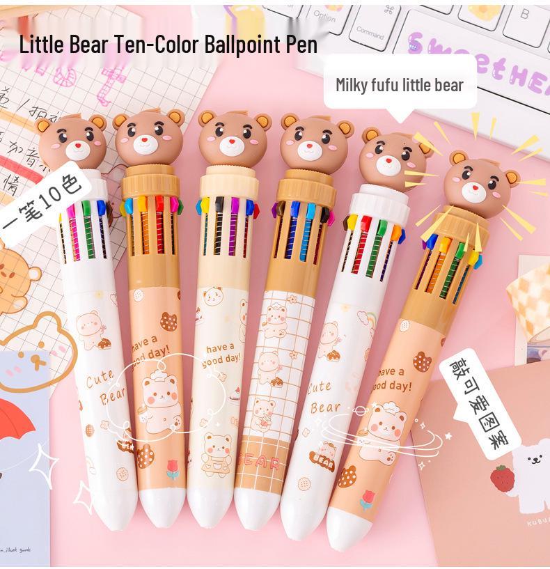 Little Bear 10-Color Press-Type Ballpoint Pen for Students and Journaling