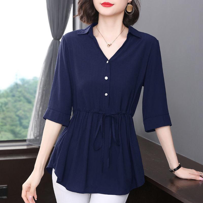 Chiffon Short-sleeved Shirt Women's Medium-sleeved Summer Medium and Long Belly-covering Waist Top Shirt