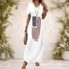Women Plus Size V Neck Short Sleeve Printed Navy Blue Straight Long Maxi Dress