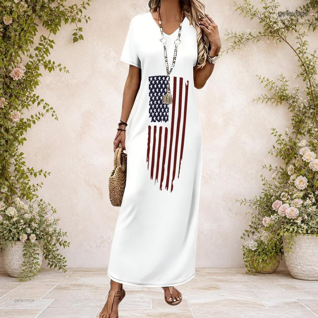 Women Plus Size V Neck Short Sleeve Printed Navy Blue Straight Long Maxi Dress