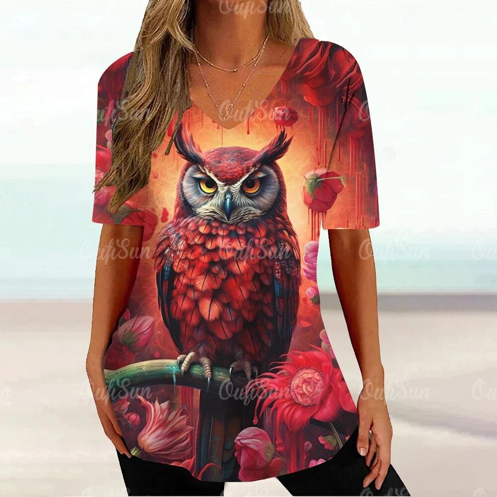 

Женские футболки, винтажная футболка с графическим принтом совы и животных, летняя модная футболка с v-образным вырезом и короткими рукавами, большие женские футболки, одежда 5XL