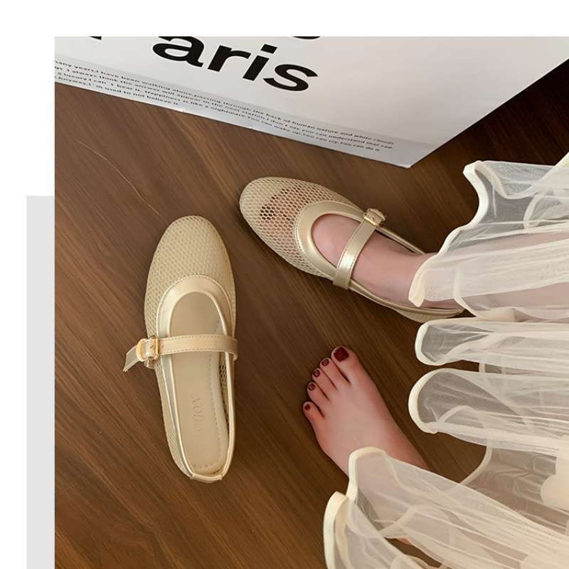 Retro fairy flat Mary Jane shoes girl new one-word with mesh beanie shoes French versatile breathable single shoes