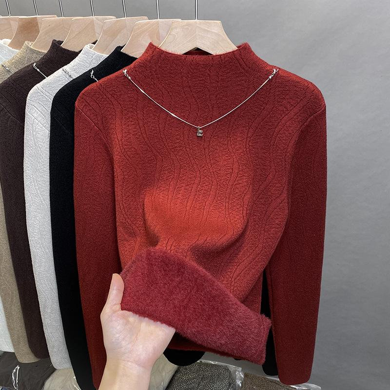 Pulover de catifea dintr-o singură piesă pentru femei, pulover gros de catifea cu gât mediu înalt, pulover tricotat, top interior la modă pentru toamnă și iarnă