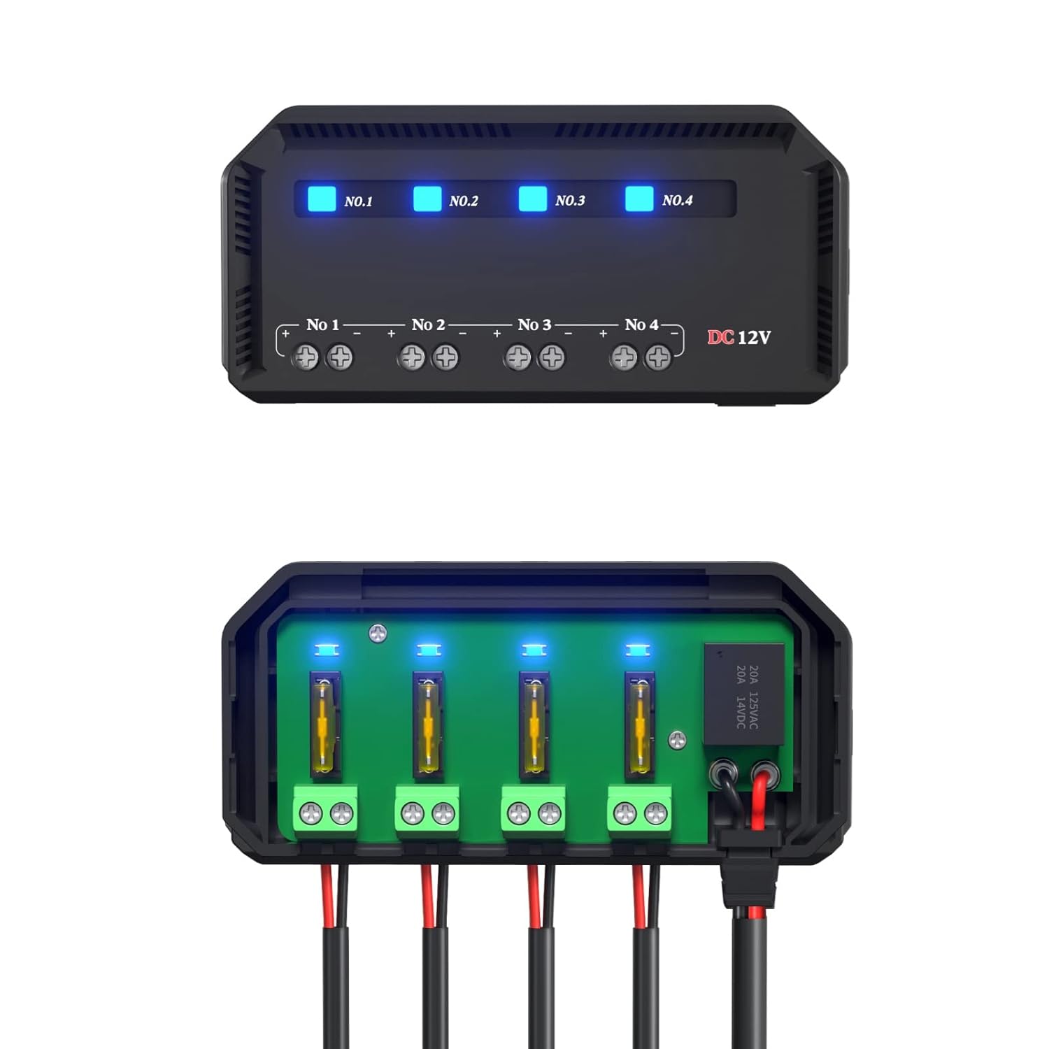 12V Fuse Block-Motorcycle Automotive Universal Kit Featuring a 20A Fuse, Relay Box, 4 Circuits, Low Profile Mini Blade Fuse Holder and Battery