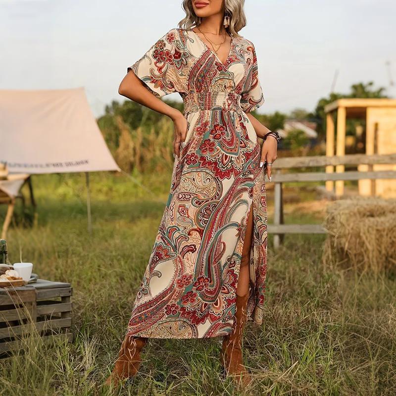 Women Casual Short Sleeve V Neck Bohemian Holiday Style Retro Flower Printed One Piece Dress